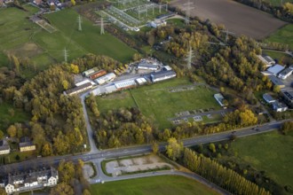 Aerial view, timber trade, Kölner Straße, Saarn - Süd, Mülheim an der Ruhr, Ruhr area, North