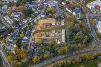 Aerial view, construction site of former football pitch, new construction of detached houses, St.