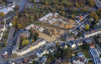 Aerial view, construction site of former football pitch, new construction of detached houses, St.
