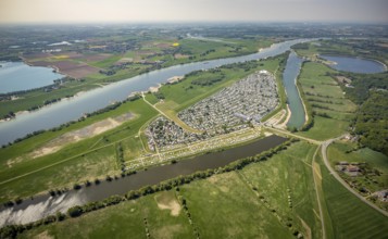 Aerial view, camping site Grav Insel am Rhein, Auesee, caravans and tents, Flürener Altrhein,