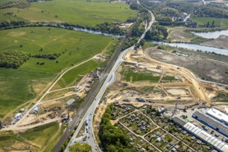 Aerial view, construction area on the B8 federal road, River Lippe, Lippe bridge, Fusternberg,