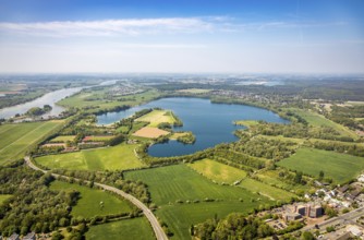 Aerial view, Auesee, Auesee lido, Nordstrand, Wesel marina, meadows and fields, Wesel, Ruhr area,