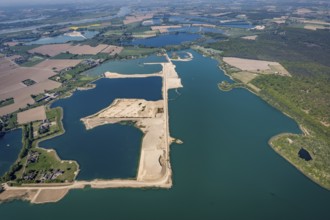 Aerial view, Diersfordter forest lake with sailing harbour, gravel extraction, Wesel, Ruhr area,