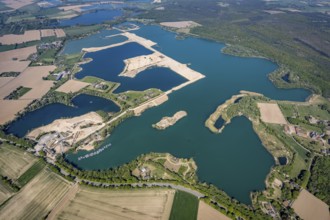 Aerial view, Diersfordter forest lake with sailing harbour, Diersfordt Castle, Wesel, Ruhr area,