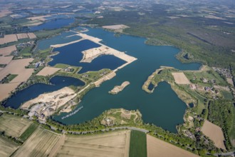 Aerial view, Diersfordter forest lake with sailing harbour, Diersfordt Castle, Wesel, Ruhr area,