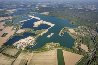 Aerial view, Diersfordter forest lake with sailing harbour, Diersfordt Castle, Wesel, Ruhr area,