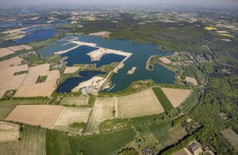 Aerial view, Diersfordter forest lake with sailing harbour, Diersfordt Castle, Wesel, Ruhr area,