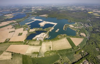Aerial view, Diersfordter forest lake with sailing harbour, Diersfordt Castle, Wesel, Ruhr area,