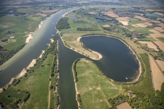 Aerial view, Flürener Altrhein, river Rhine, meadows and fields, Wesel, Ruhr area, Lower Rhine,