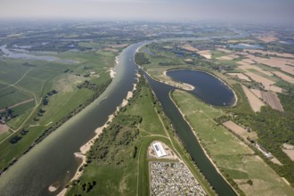 Aerial view, camping site Grav Insel am Rhein, caravans and tents, Flürener Altrhein, Wesel, Ruhr