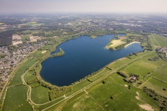 Aerial view, Auesee, Auesee lido, North lido, Wesel marina, meadows and fields, Wesel, Ruhr area,