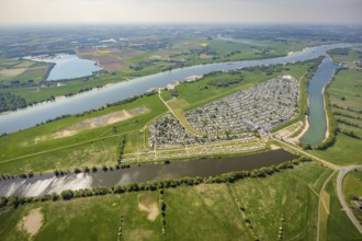 Aerial view, camping site Grav Insel on the Rhine, caravans and tents, Wesel, Ruhr area, Lower