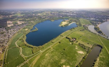 Aerial view, Auesee, Auesee lido, North lido, Wesel marina, meadows and fields, Wesel, Ruhr area,
