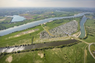 Aerial view, camping site Grav Insel on the Rhine, caravans and tents, Wesel, Ruhr area, Lower