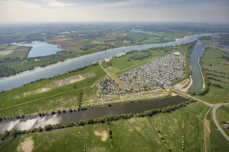 Aerial view, camping site Grav Insel on the Rhine, caravans and tents, Wesel, Ruhr area, Lower