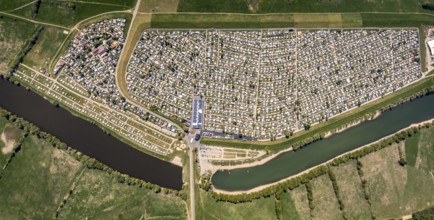 Aerial view, camping site Grav Insel on the Rhine, caravans and tents, Wesel, Ruhr area, Lower