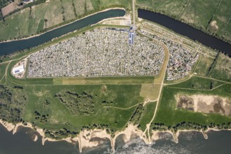 Aerial view, camping site Grav Insel on the Rhine, caravans and tents, Wesel, Ruhr area, Lower