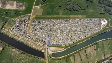 Aerial view, camping site Grav Insel on the Rhine, caravans and tents, Wesel, Ruhr area, Lower