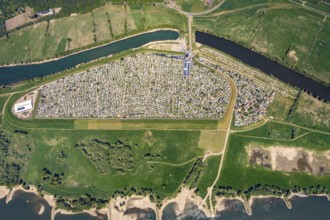 Aerial view, camping site Grav Insel on the Rhine, caravans and tents, Wesel, Ruhr area, Lower