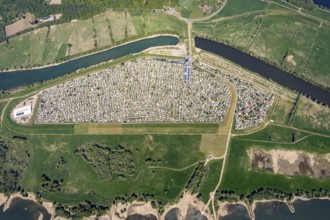 Aerial view, camping site Grav Insel on the Rhine, caravans and tents, Wesel, Ruhr area, Lower
