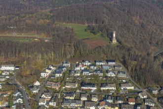 Aerial view, new housing estate Am alten Stamm - Sunderweg, Harkortturm, football pitch
