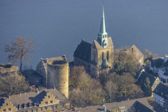 Aerial view, Wetter Castle, Evangelical-Ref. parish Wetter-Freiheit, shore Harkortsee, Wetter,
