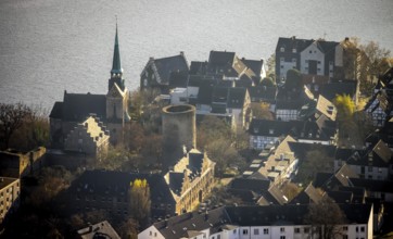 Aerial view, Wetter Castle, Evangelical-Ref. parish Wetter-Freiheit, shore Harkortsee, Wetter,