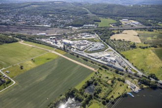 Aerial view, industrial area Hagen-Vorhalle, marshalling yard, freight yard, Berding Beton,