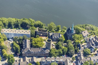 Aerial view, Wetter Castle, Evangelical-Ref. parish Wetter-Freiheit, shore Harkortsee, Alt-Wetter,