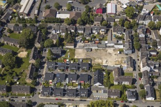 Aerial view, newly built residential buildings, area of former demolished buildings
