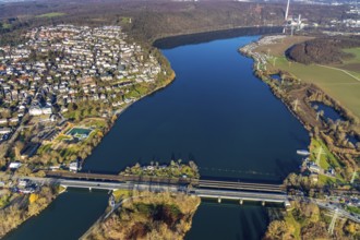 Aerial view, view of Wetter, nature outdoor swimming pool Wetter (Ruhr), Harkortsee, Ruhrbrücke