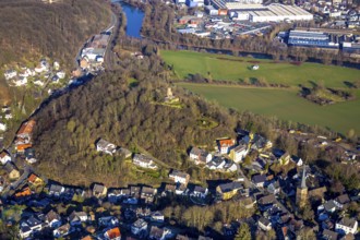 Aerial view, castle ruins of Volmarstein Castle, Volmarstein Castle Hotel, Ruhr river, Volmarstein,