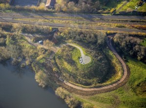 Aerial view, Elsche estuary viewpoint, Elbsche, Ruhr, Ruhr valley, railway line, Bommern, Witten,