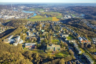 Aerial view, overview Volmarstein, forest area, Volmarstein clinics, view of Wetter with Lake