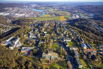 Aerial view, overview Volmarstein, forest area, Volmarstein clinics, view of Wetter with Lake