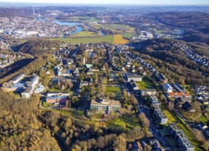 Aerial view, overview Volmarstein, forest area, Volmarstein clinics, view of Wetter with Lake