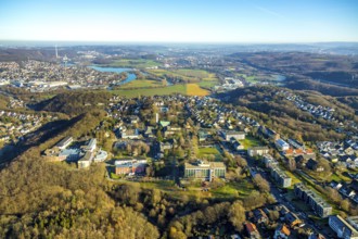 Aerial view, overview Volmarstein, clinics Volmarstein, view of Wetter with Harkortsee, forest