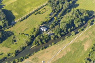 Aerial photograph, Warmen Obergraben run-of-river power station, Ruhr river, Wickede (Ruhr), North