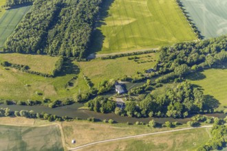 Aerial photograph, Warmen Obergraben run-of-river power station, Ruhr river, Wickede (Ruhr), North