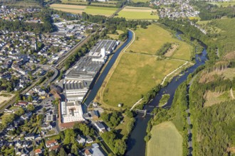 Aerial view, Ruhr River, Obergraben, Wickeder Westfalenstahl, run-of-river power station, Wickede