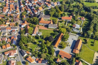 Aerial view, Willebadessen Monastery, St Vitus Parish Church, Castle Park, Willebadessen, OWL, East