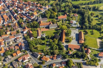 Aerial view, Willebadessen Monastery, St Vitus Parish Church, Castle Park, Willebadessen, OWL, East