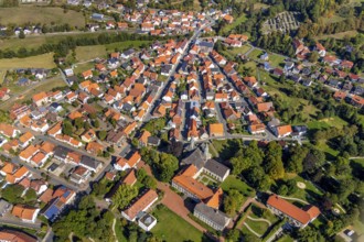 Aerial view, view of the town, Willebadessen Monastery, St Vitus Parish Church, Castle Park,