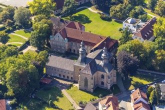 Aerial view, Willebadessen Monastery, St Vitus Parish Church, Castle Park, Willebadessen, OWL, East