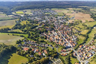 Aerial view, view of the town, Willebadessen Monastery, St Vitus Parish Church, Castle Park,