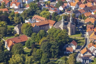 Aerial view, Willebadessen Monastery, St Vitus Parish Church, Castle Park, Willebadessen, OWL, East