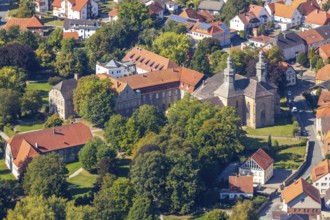 Aerial view, Willebadessen Monastery, St Vitus Parish Church, Castle Park, Willebadessen, OWL, East
