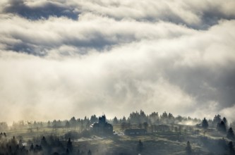 Aerial view, clouds over the Kahler Asten, Astenturm and hotel-restaurant, second highest mountain