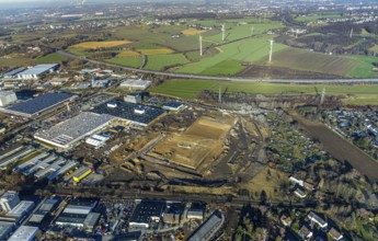 Aerial view, construction site of new Amazon logistics centre, Euziel logistics company, industrial