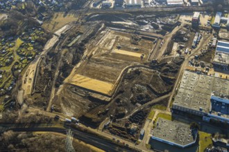 Aerial view, construction site of new Amazon logistics centre, Euziel logistics company, industrial